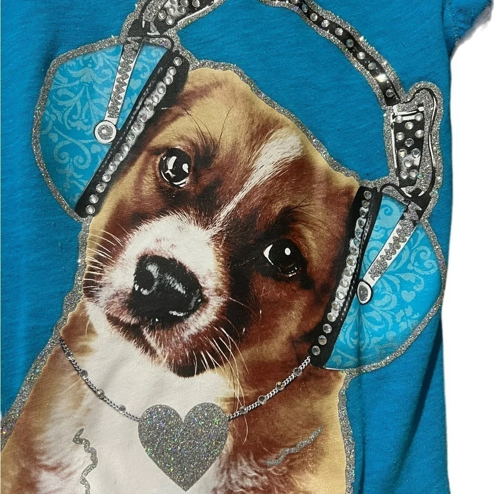Justice Girls Dog Headphones Rhinestones Glitter Tee 10
